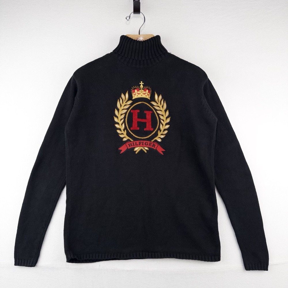 90's Vtg Tommy Hilfiger Kint Sweater Men's S Embroidered Crest Turtle Neck Black